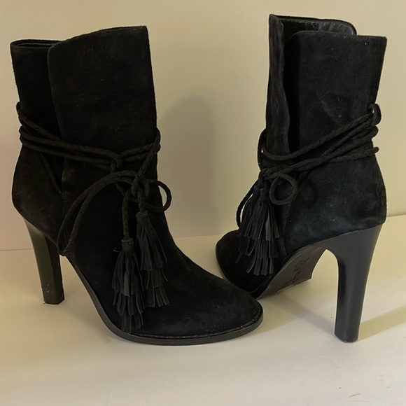 Joie Suede Ankle Boots Black Tassel Accents High Heel Booties Women's Shoes - Picture 1 of 9